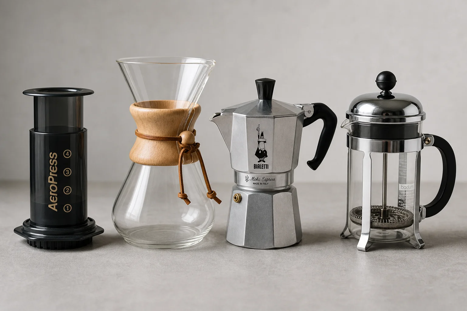 Quattro macchine da caffè economiche: AeroPress, Chemex, Moka Express e Bodum Chambord disposte su una superficie in cemento