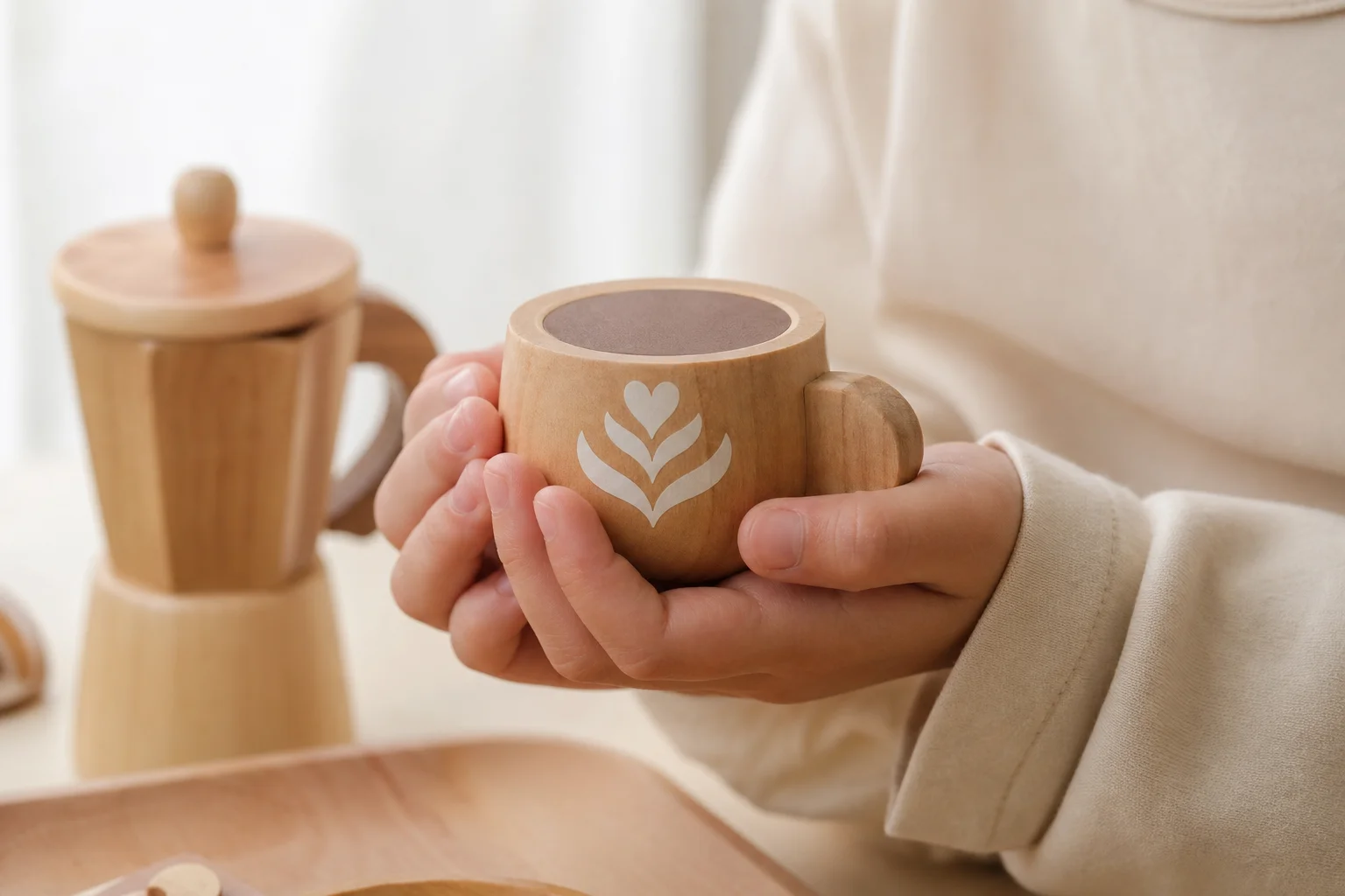 Child's hands holding wooden toy coffee cup with latte art design