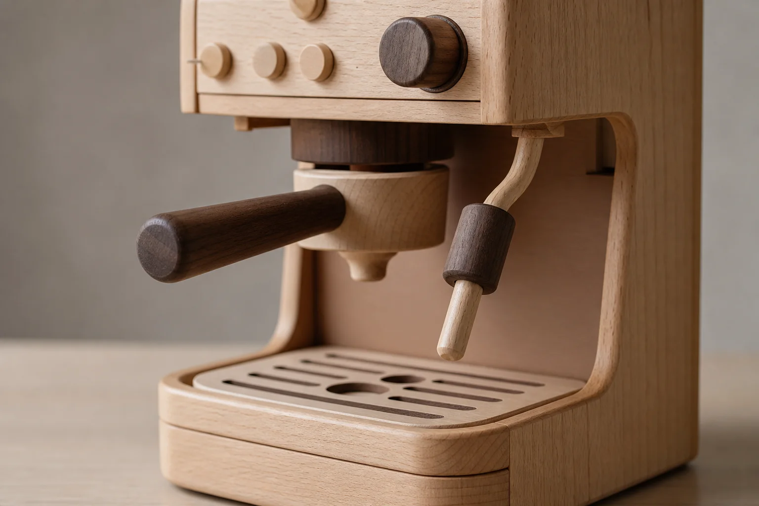 Wooden toy espresso machine with detailed portafilter and steam wand