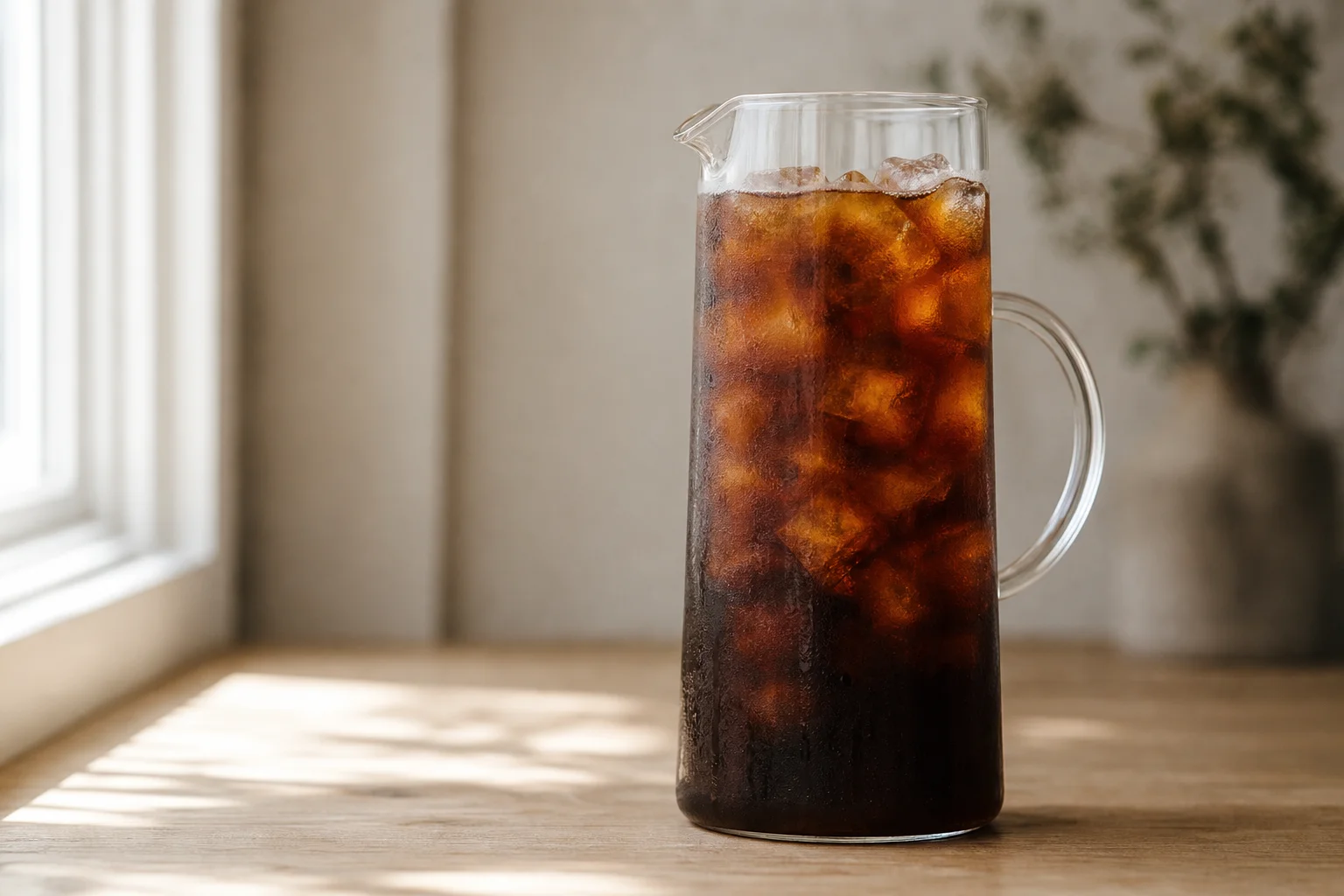 Glass pitcher of smooth cold brew coffee with ice cubes and morning light