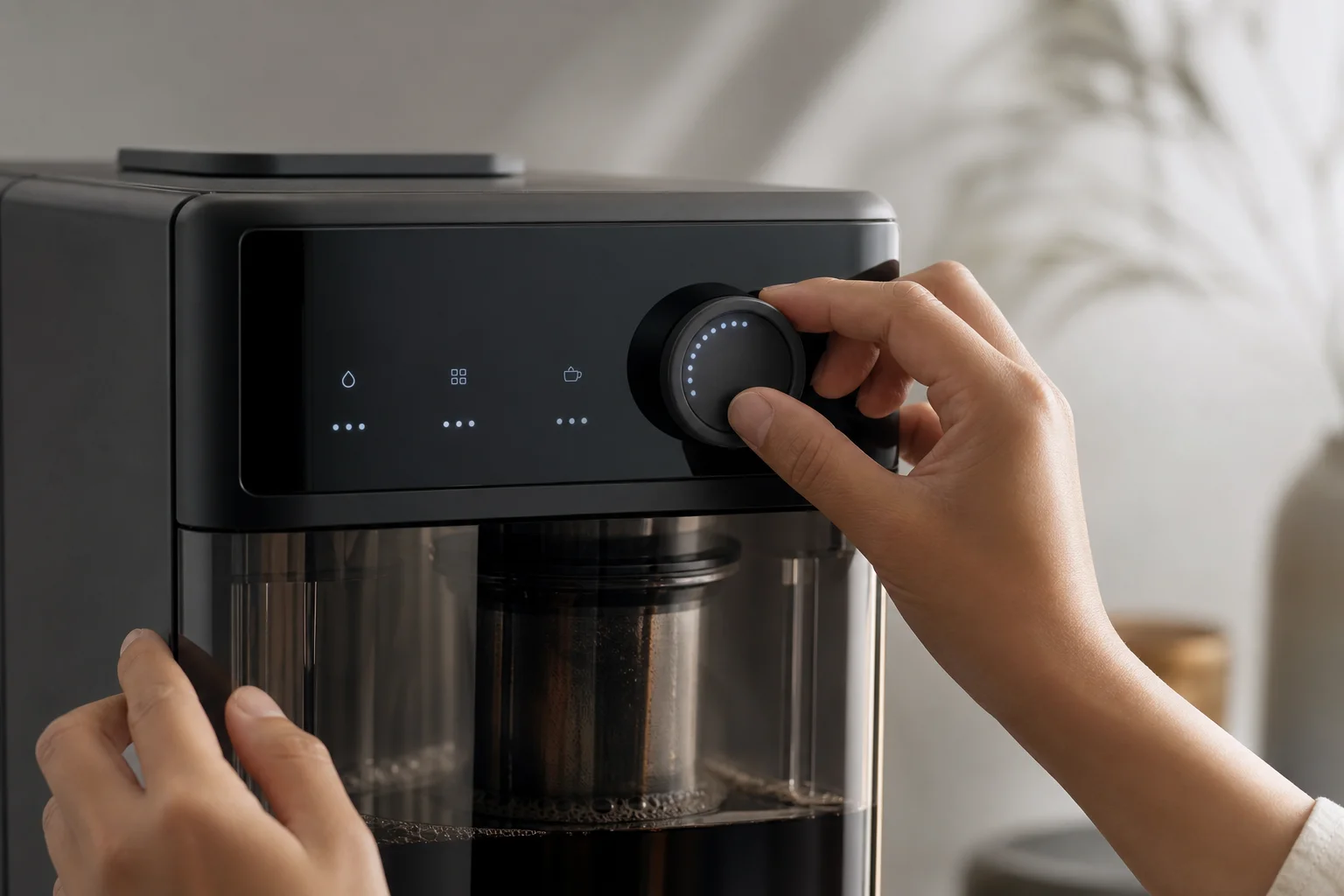 Hands operating an electric cold brew machine with digital display