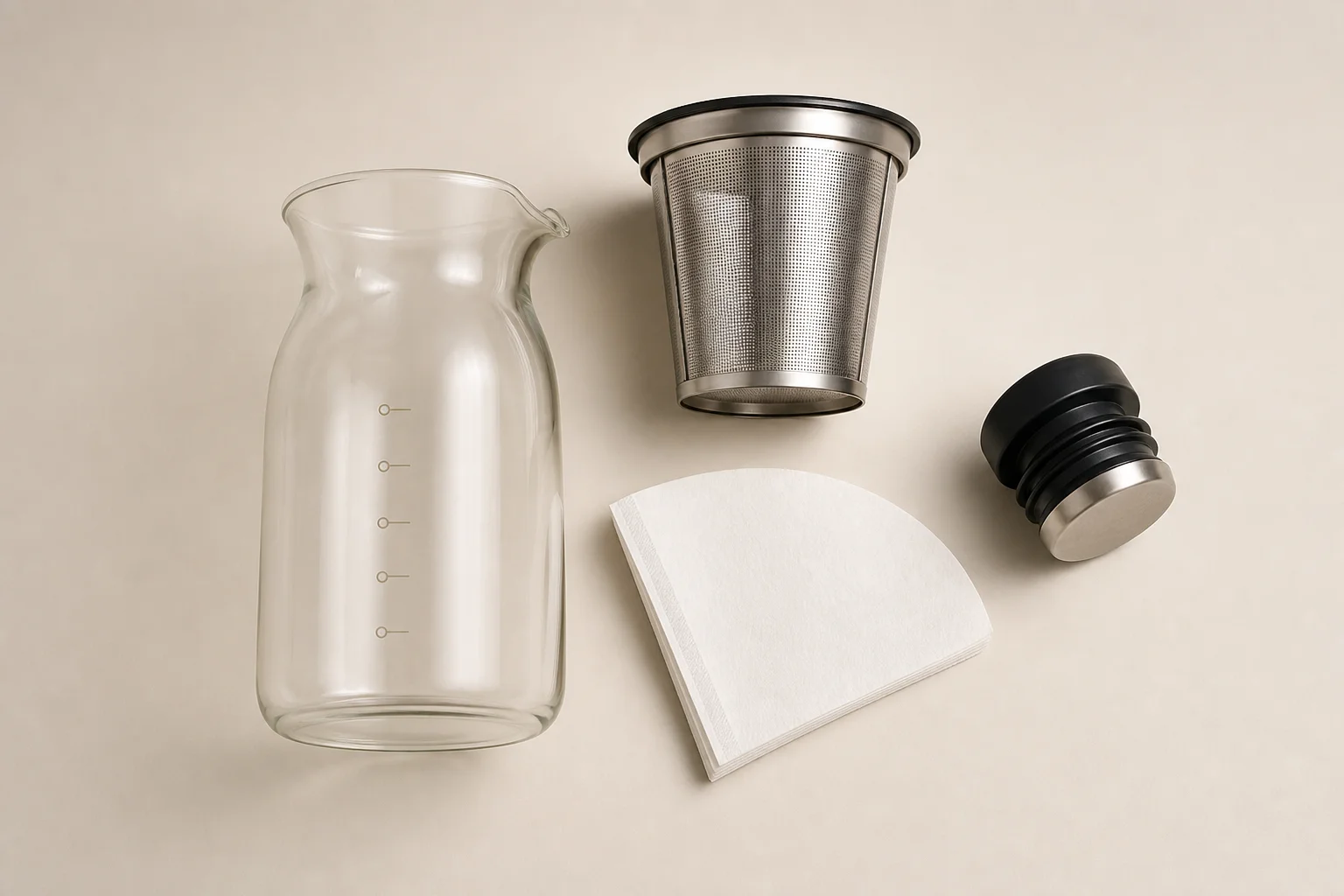 Overhead flat-lay of cold brew equipment including glass carafe and mesh filter