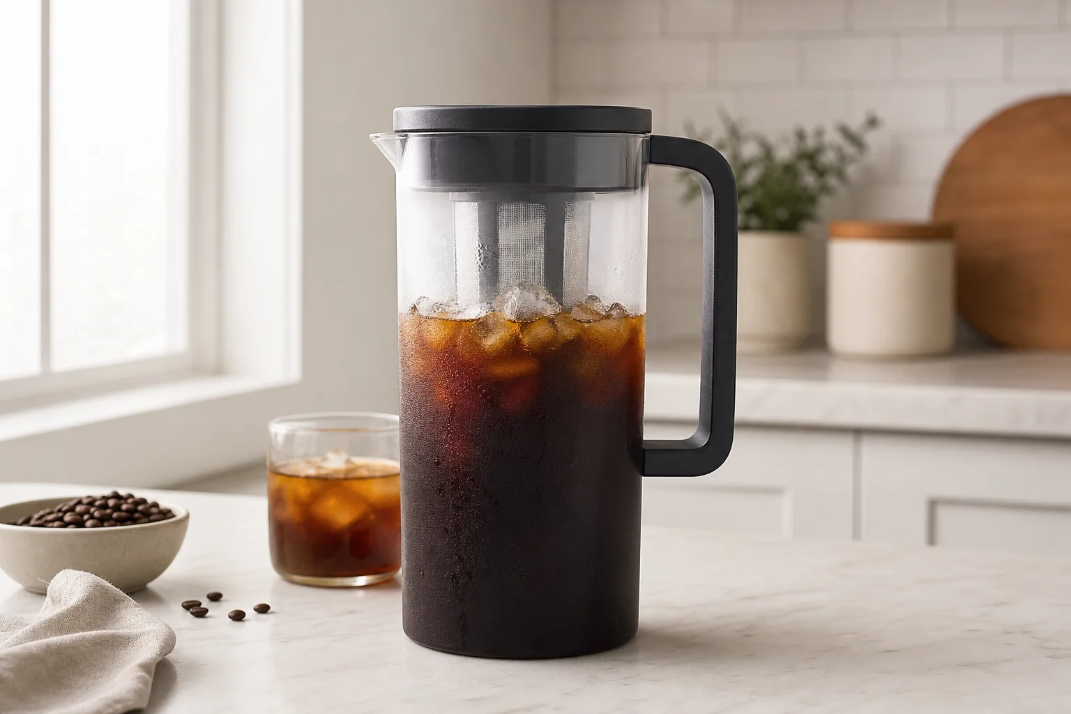 Durable plastic cold brew pitcher with airtight lid on kitchen counter