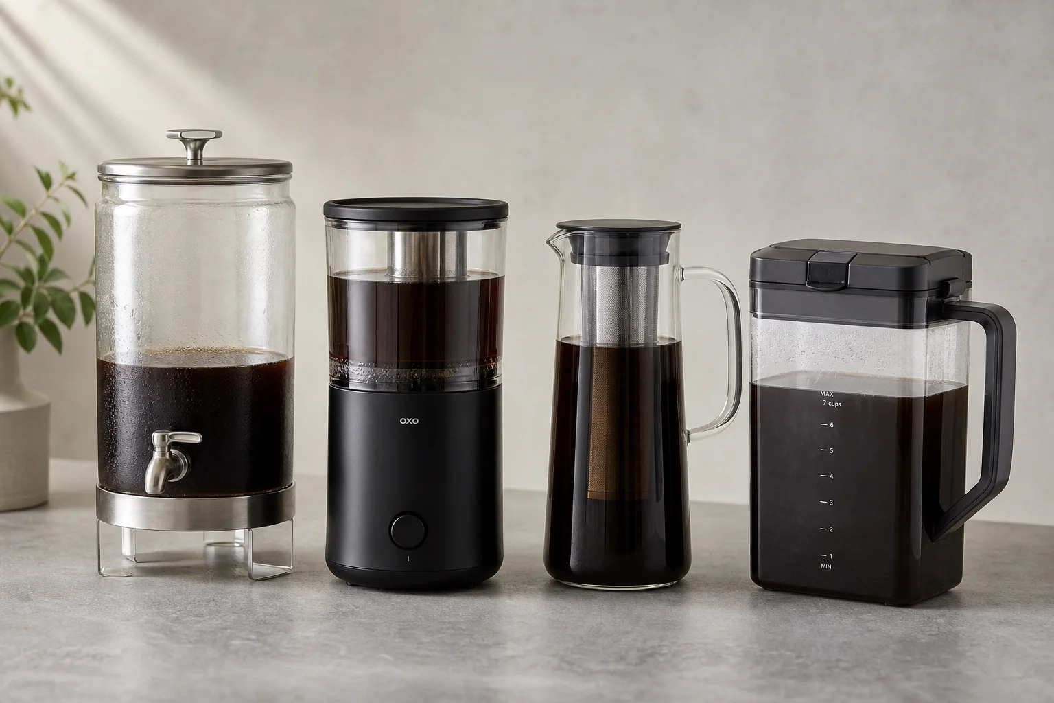 Four cold brew coffee makers displayed on concrete surface