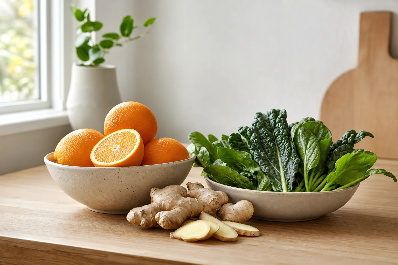 Fresh citrus fruits and leafy greens on a light wood kitchen counter