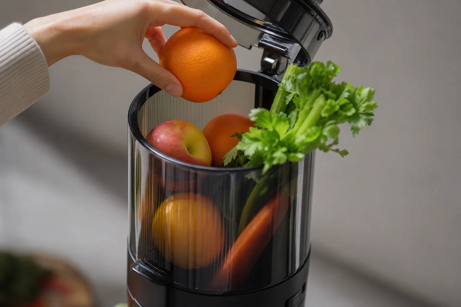 Close-up of juicer hopper with whole fruits being loaded