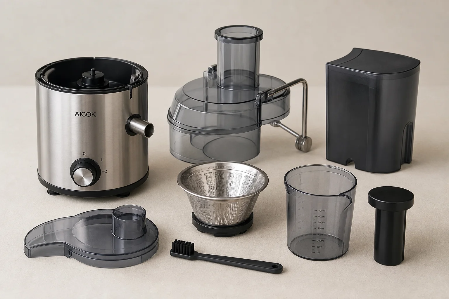 Disassembled juicer parts showing easy-clean modular components
