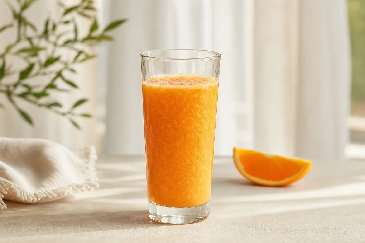 Glass of fresh cold-pressed juice with visible pulp and natural colour