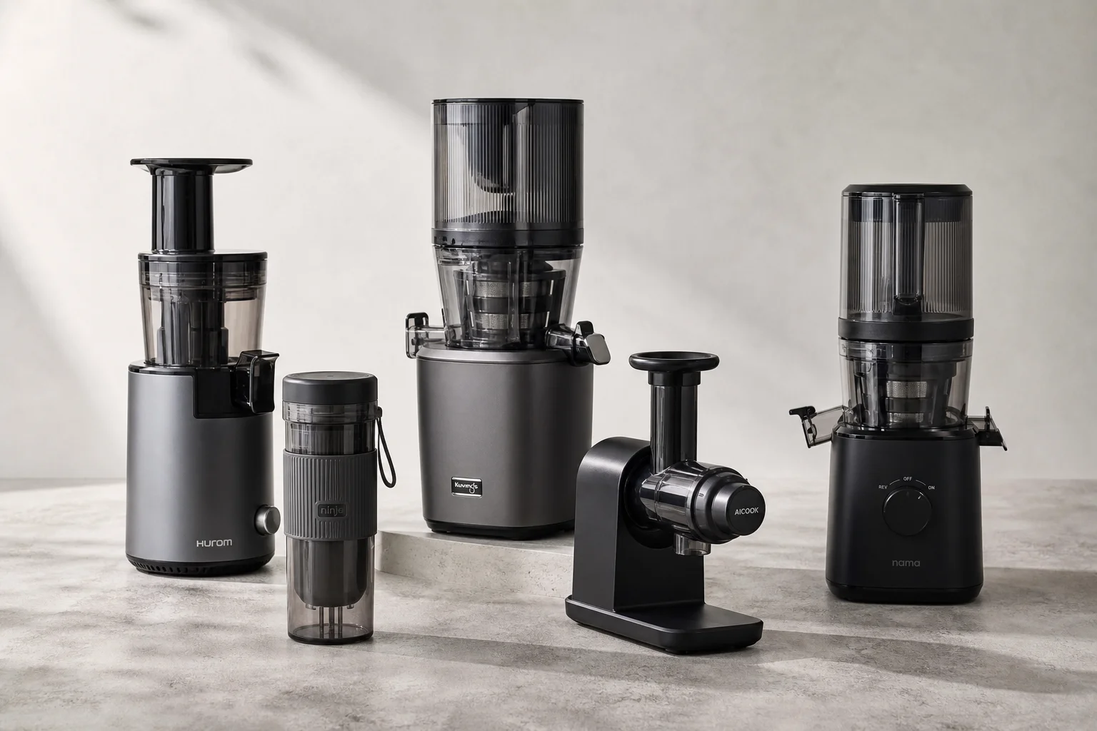 Five cold press juicers arranged on concrete surface showing different models and sizes