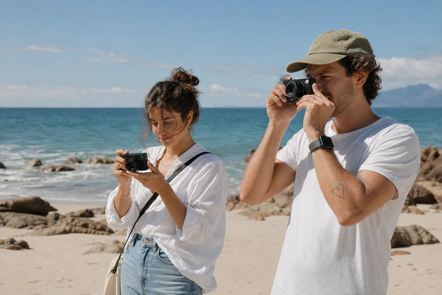 Two people testing compact cameras on a sunny beach with ocean in background