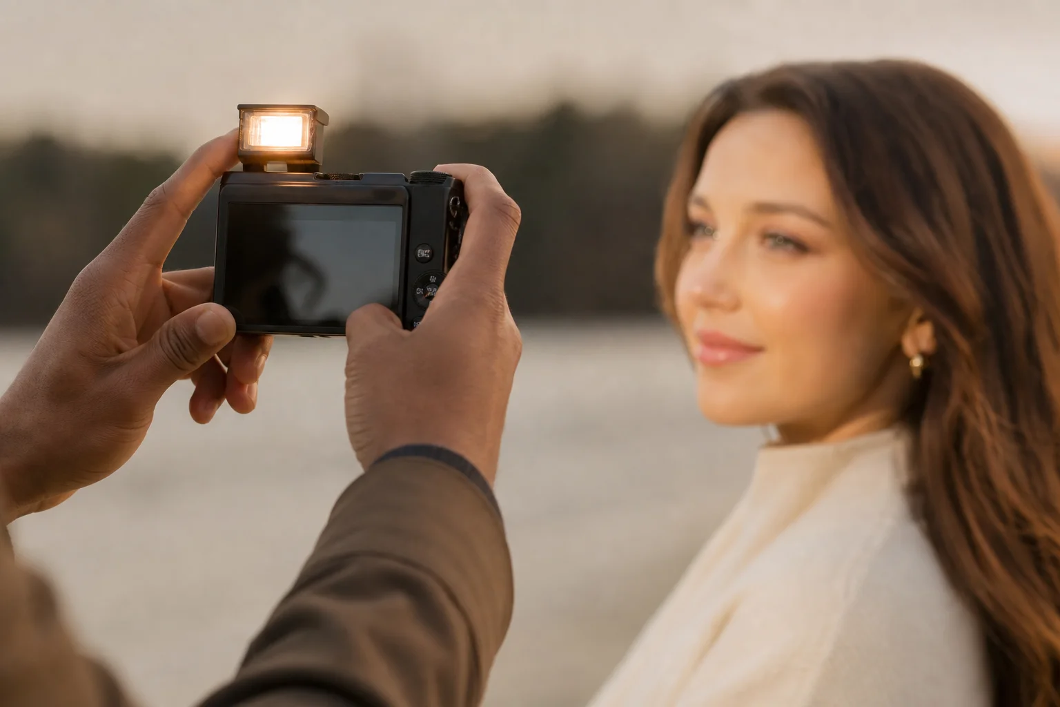 Close-up of camera flash firing during outdoor portrait photography