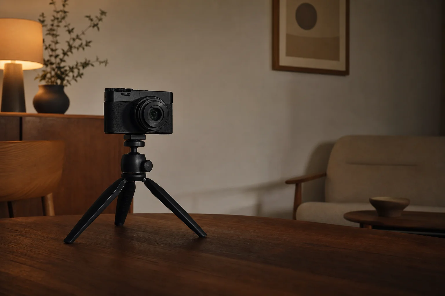 Compact camera mounted on tripod in low-light indoor setting with warm ambient light