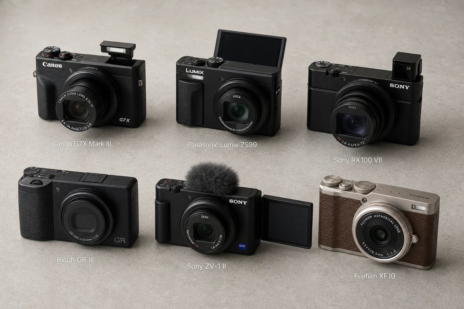 Six compact cameras arranged on concrete surface showing different designs and features