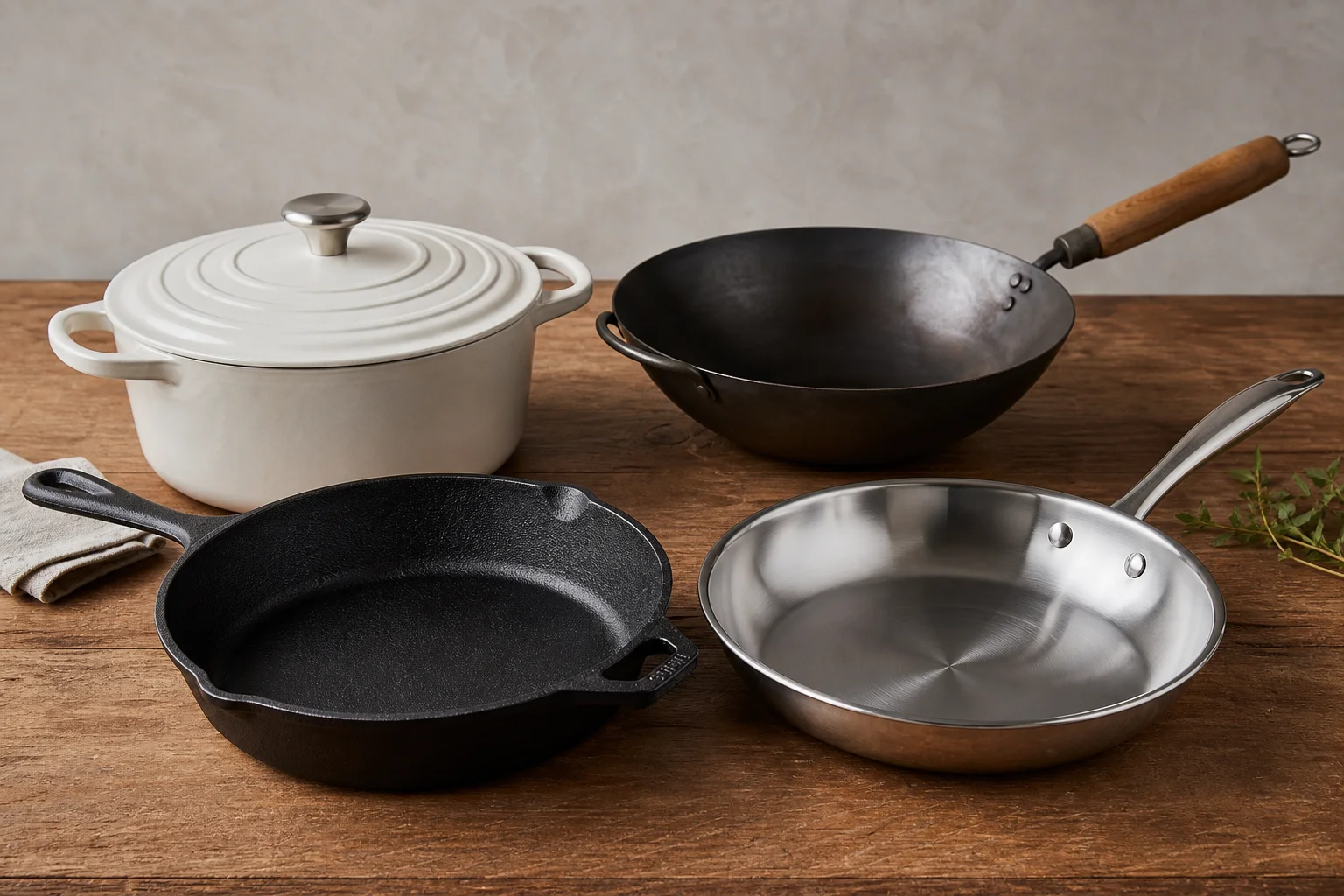 Collection of cookware including stainless steel, cast iron, enameled Dutch oven, and carbon steel pans on wood surface