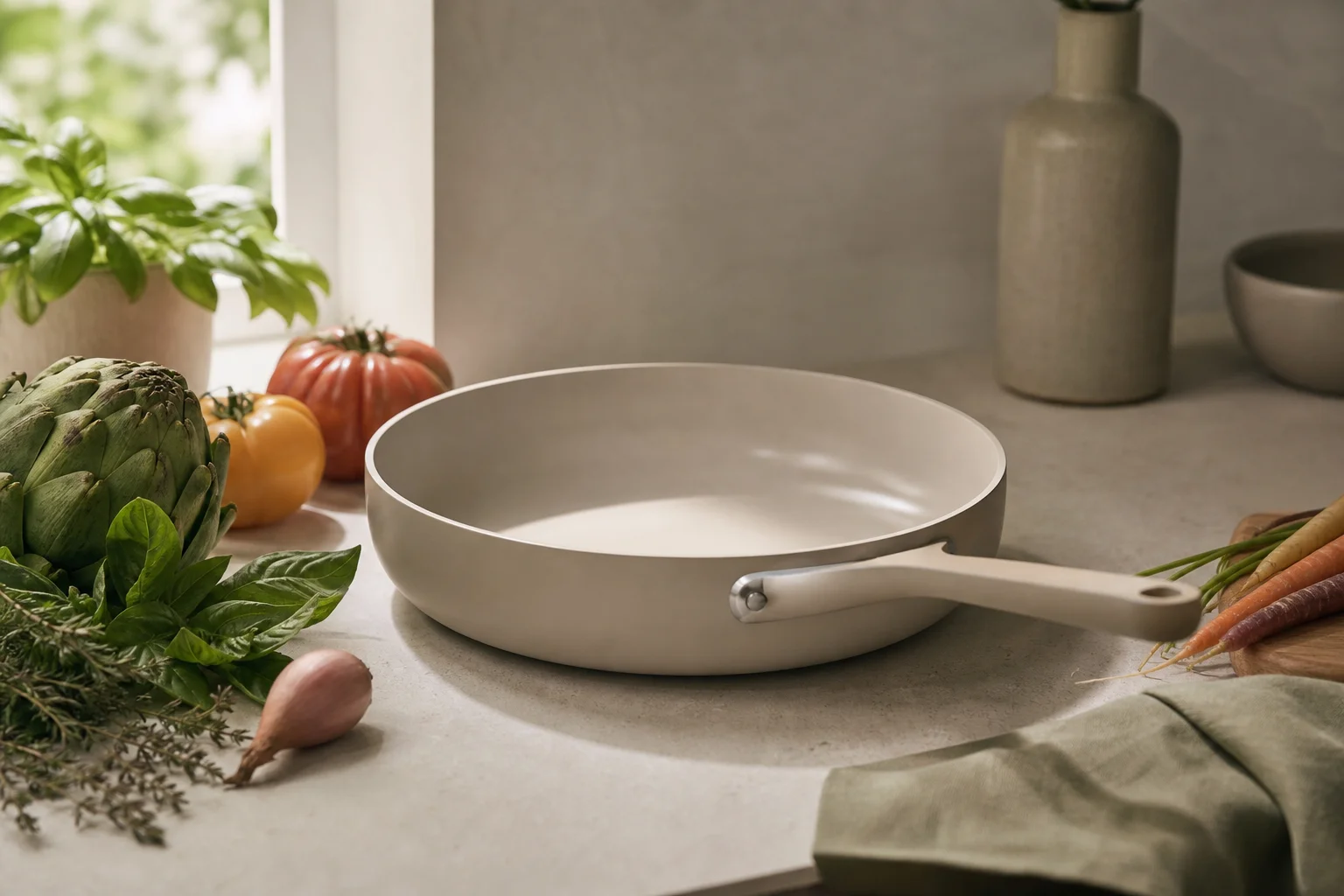 Caraway ceramic non-stick pan in kitchen setting with fresh ingredients