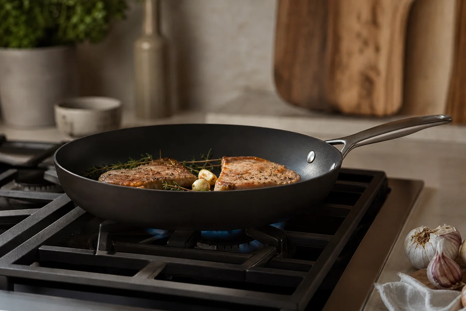 Misen carbon non-stick pan on stovetop with food cooking