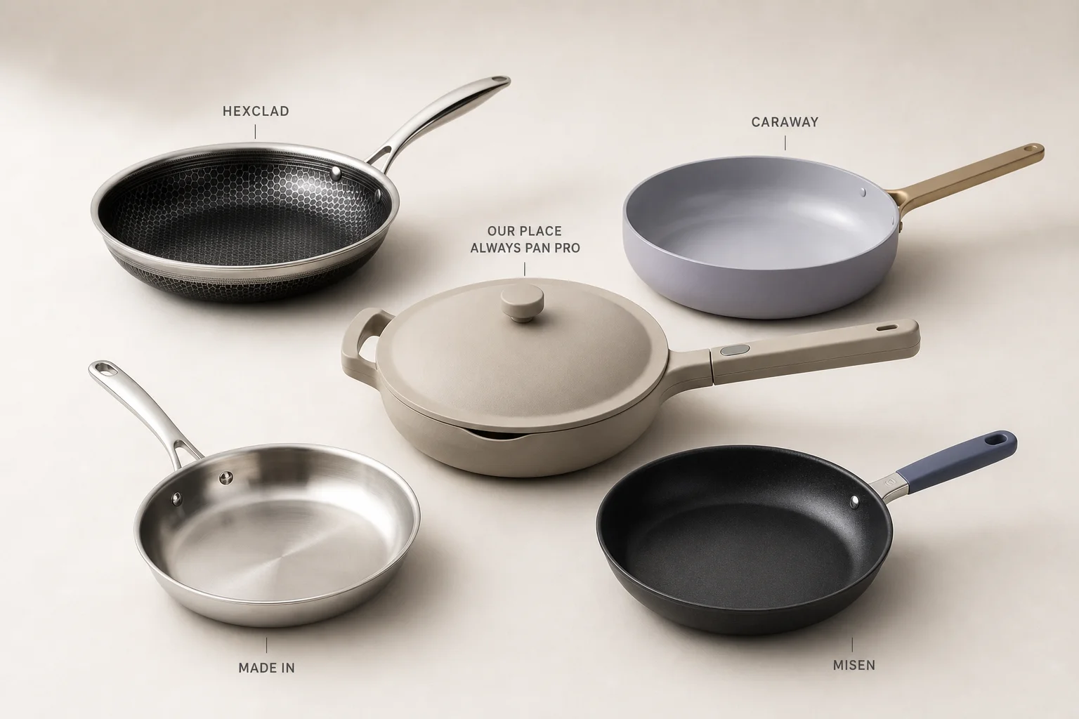 Five cookware brands displayed together on neutral backdrop