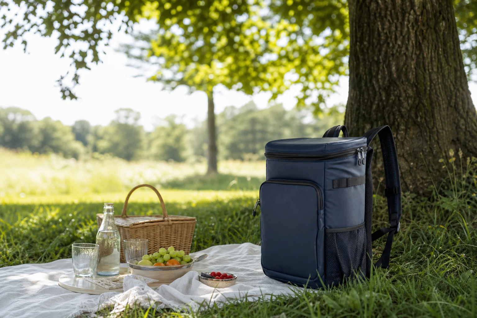 Outdoor picnic setup with cooler backpack on grass near trees