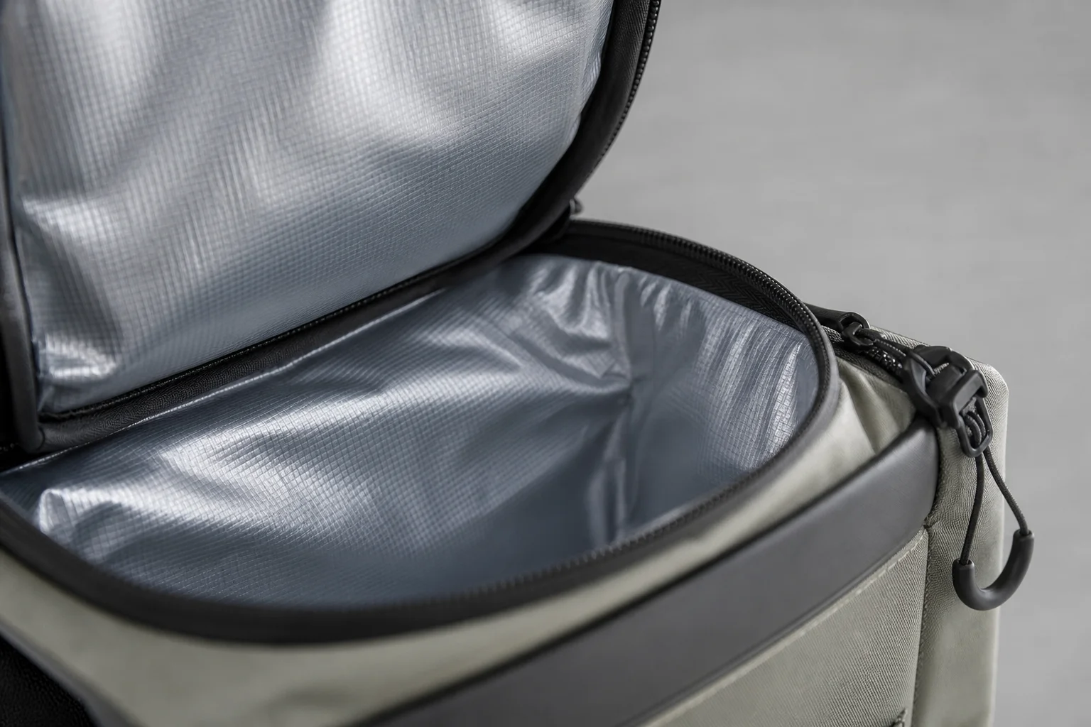 Close-up of cooler backpack insulation and zipper detail