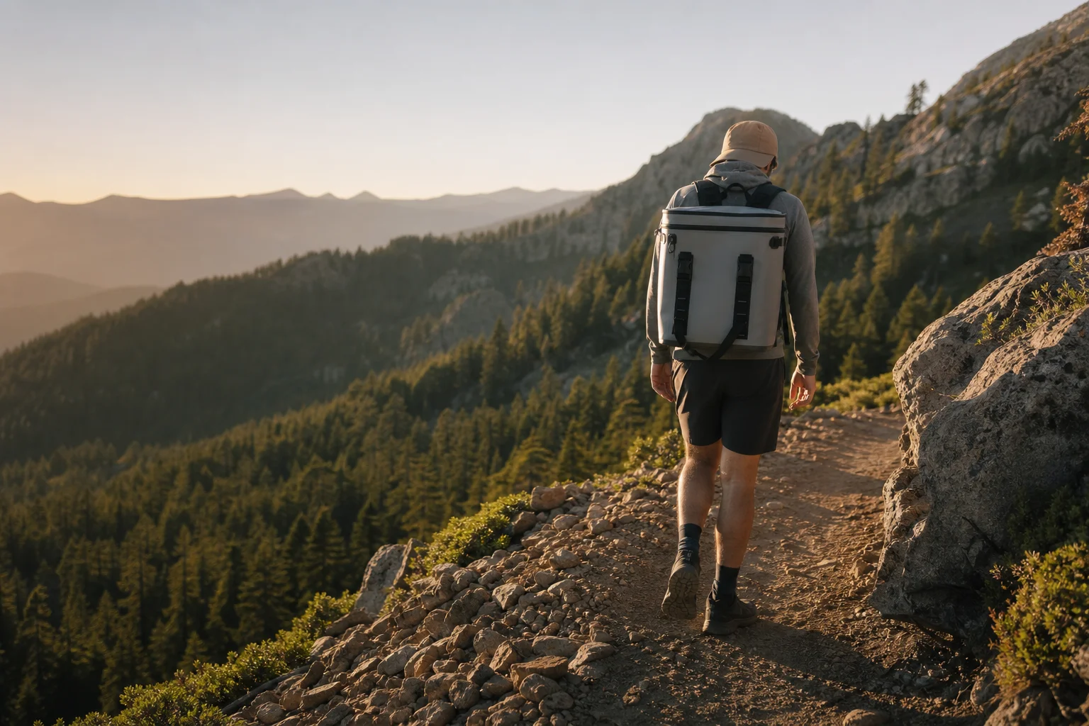Hiker wearing cooler backpack on mountain trail at sunset