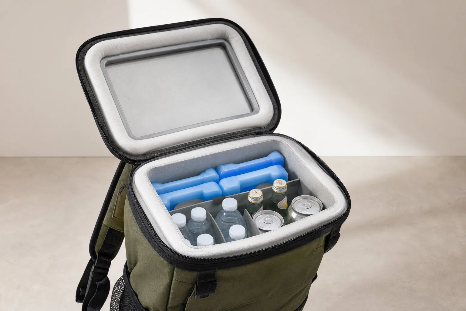 Cooler backpack with ice and beverages packed inside showing insulation