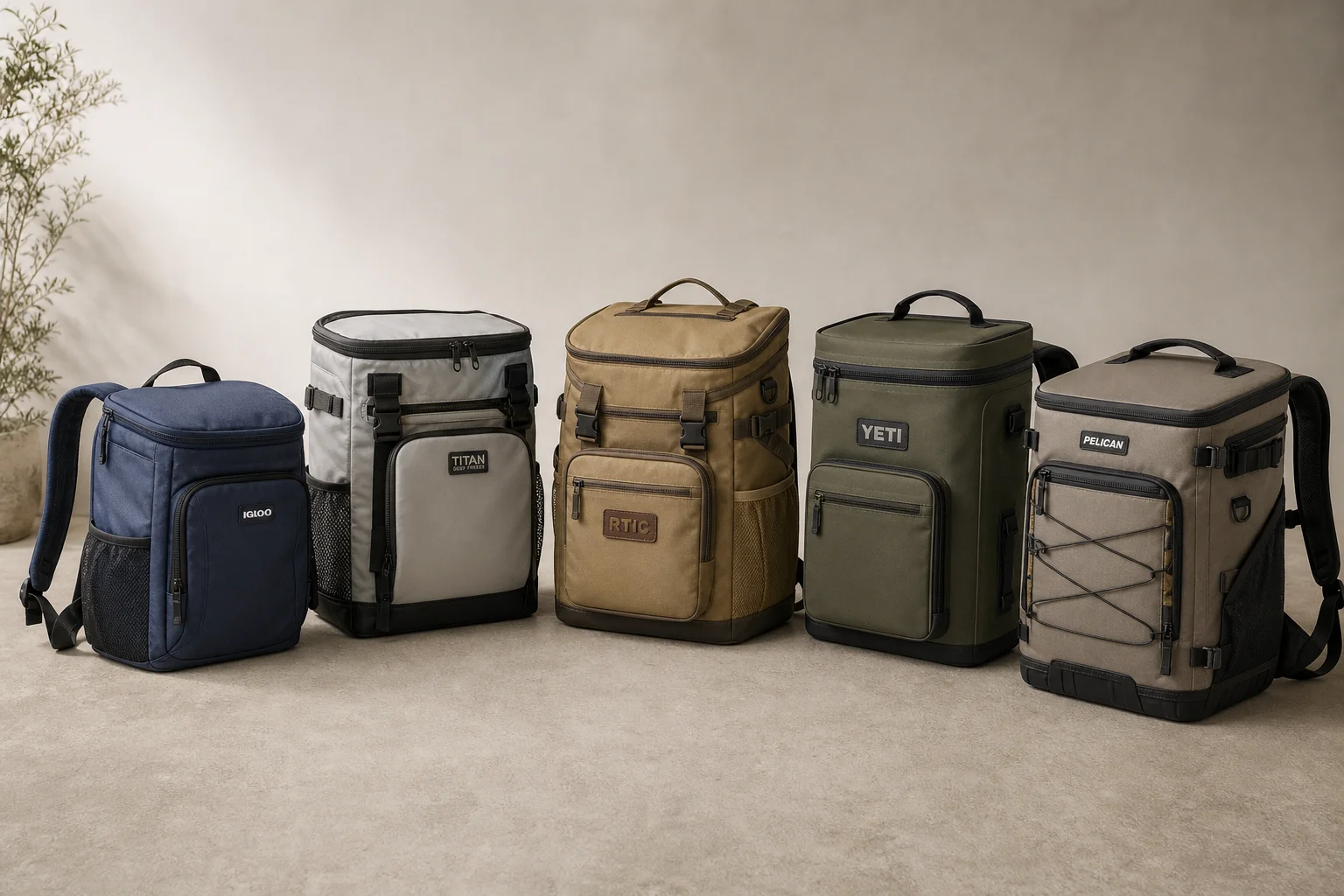 Five cooler backpacks in various styles arranged on concrete surface