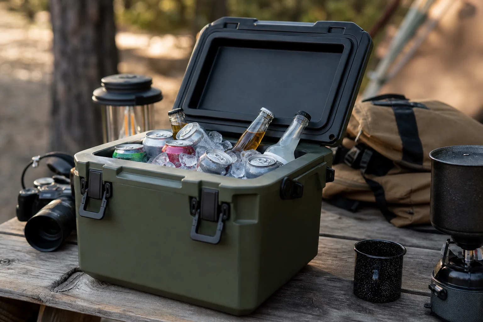 Compact cooler packed with ice and beverages on a picnic table