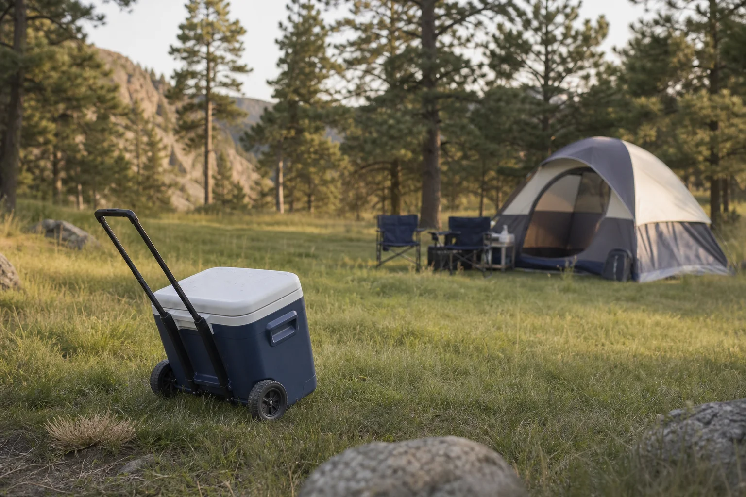 Large wheeled cooler being transported across a campground