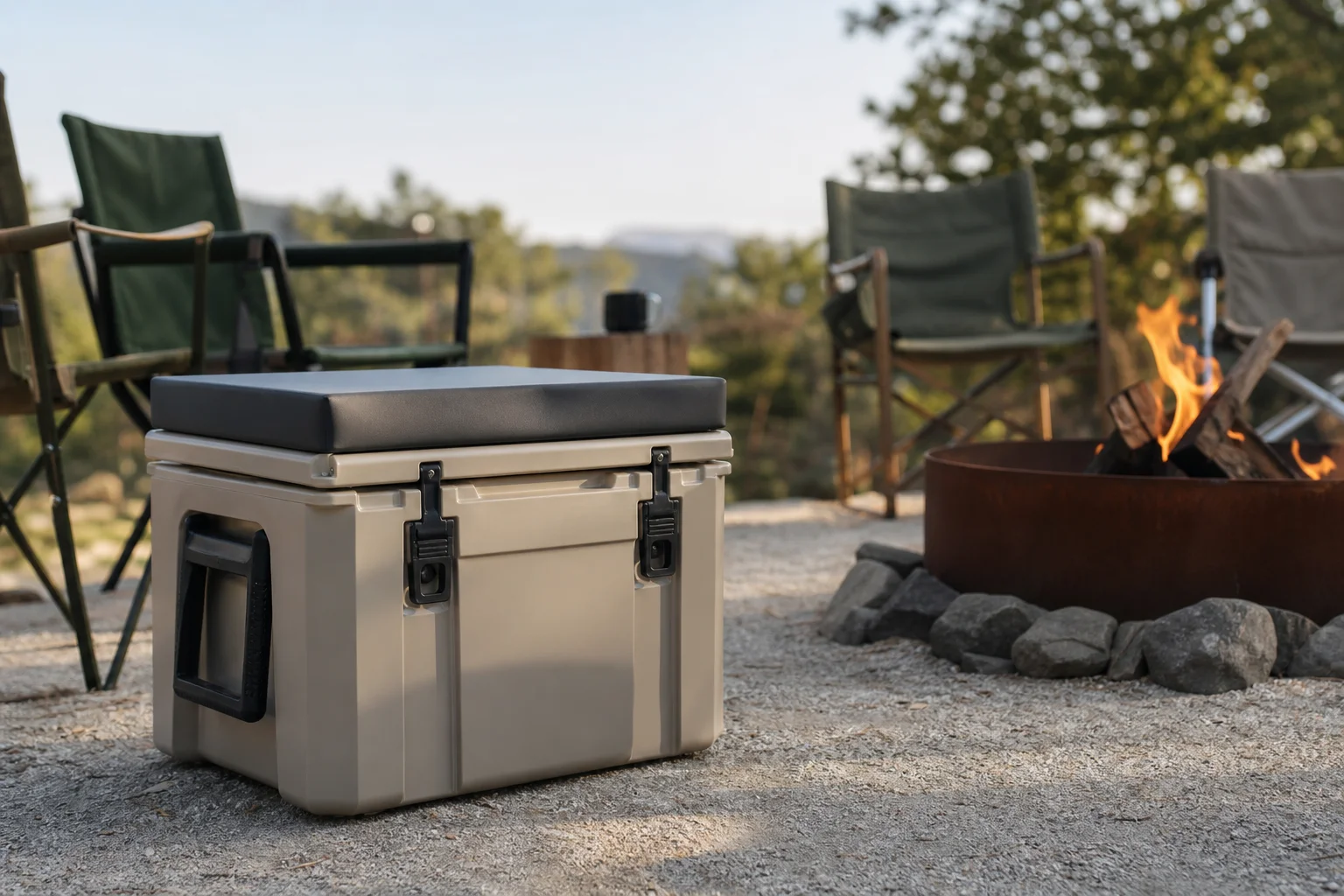 Cooler with seat lid at an outdoor gathering with fire pit