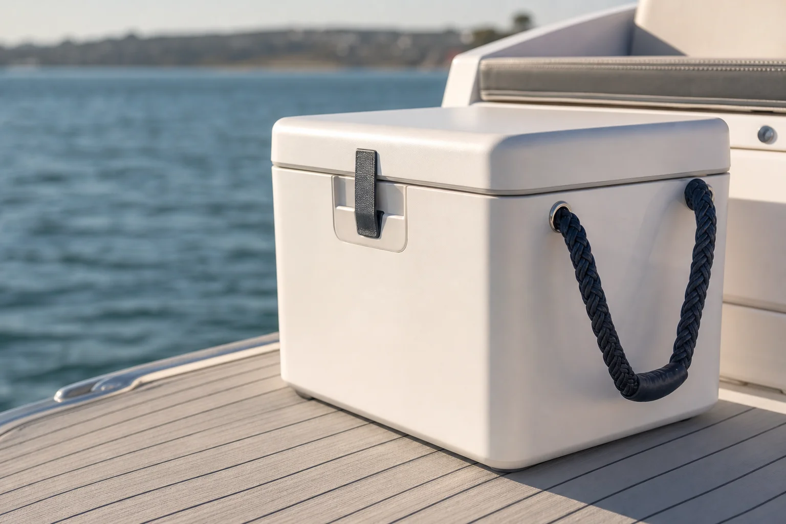 Premium cooler with rope handles secured on a boat deck