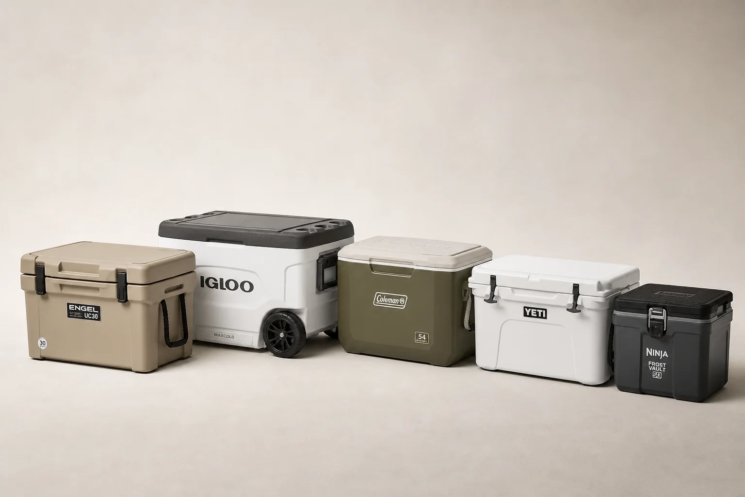 Five coolers arranged by size from smallest to largest on neutral backdrop