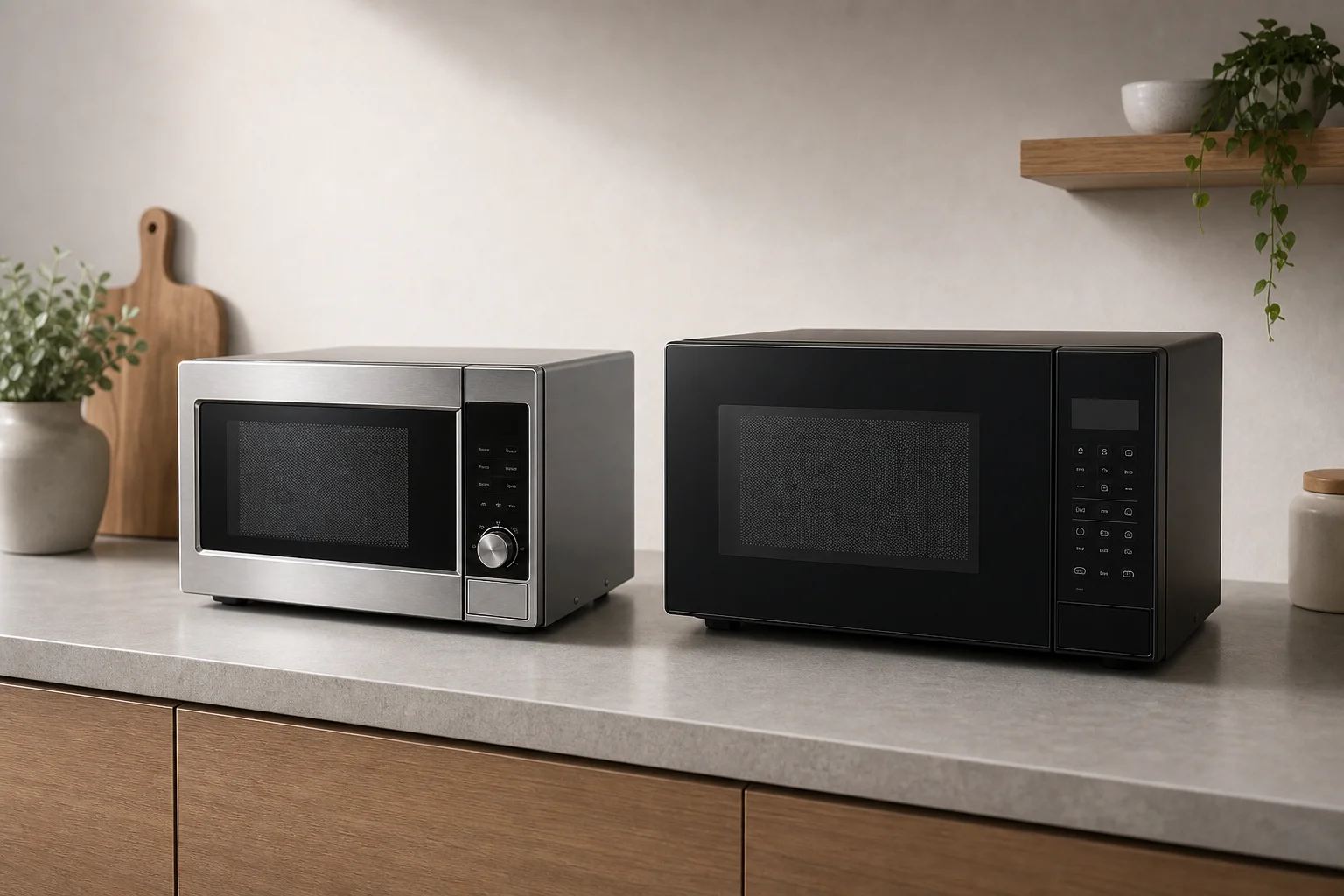 Breville 與 Sharp 檯面式微波爐並排放在廚房檯面上