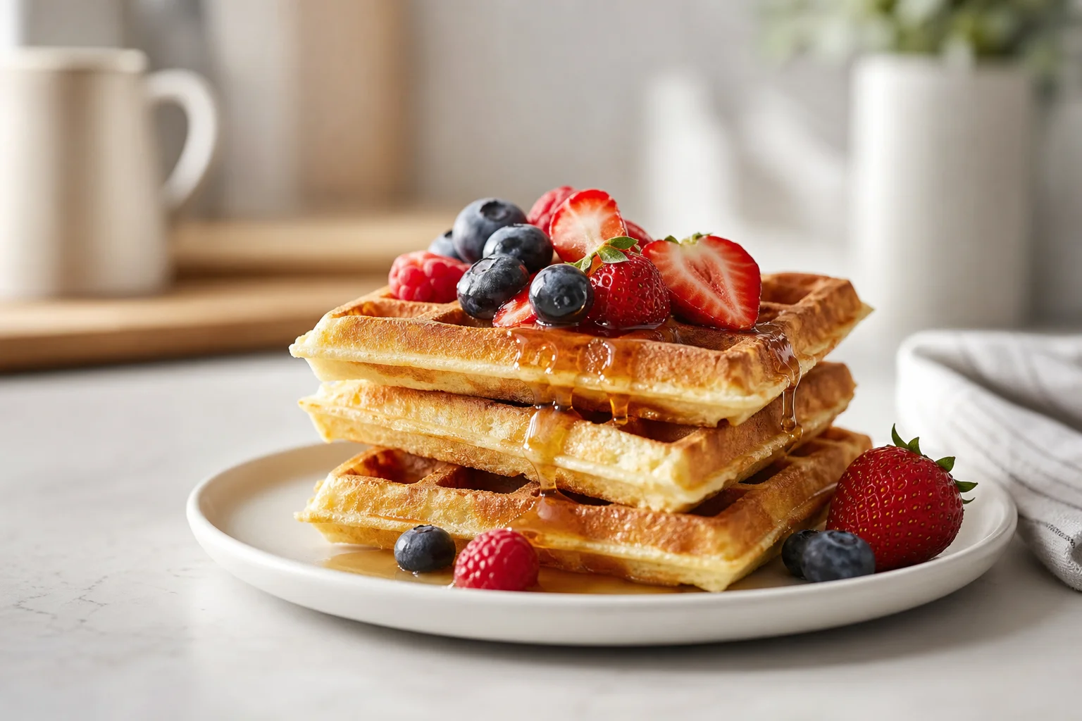 Golden-brown waffles stacked on a white plate with syrup and berries
