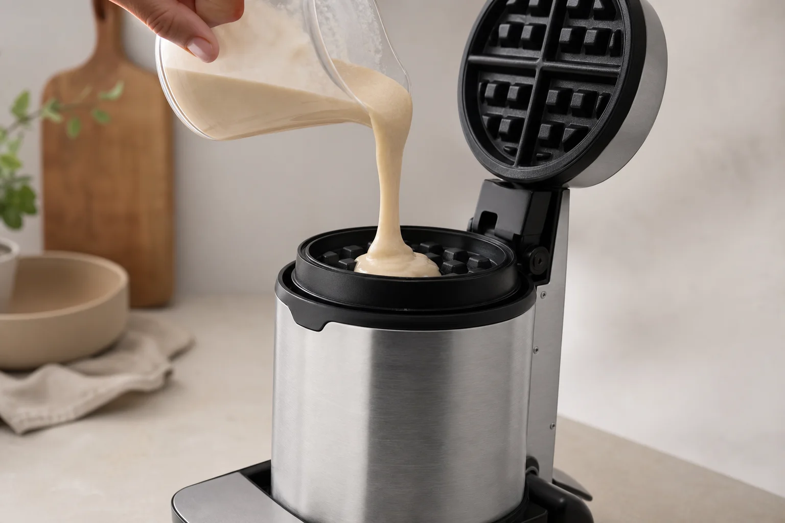 Close-up of a vertical waffle maker with batter being poured into the chamber