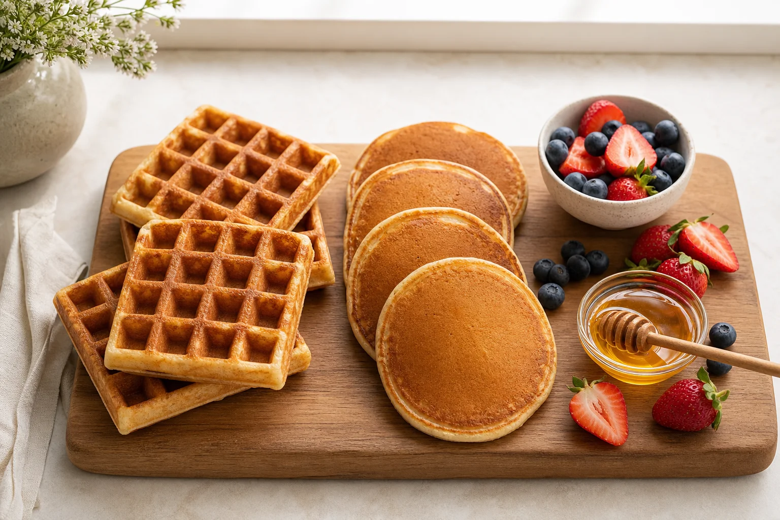 Four Belgian waffles and four pancakes arranged on a wooden serving board