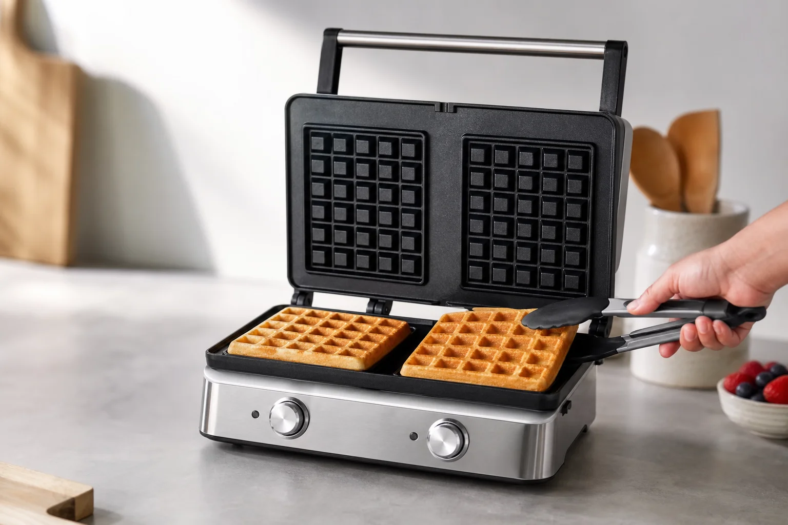 Double flip waffle maker with two golden waffles being removed with tongs