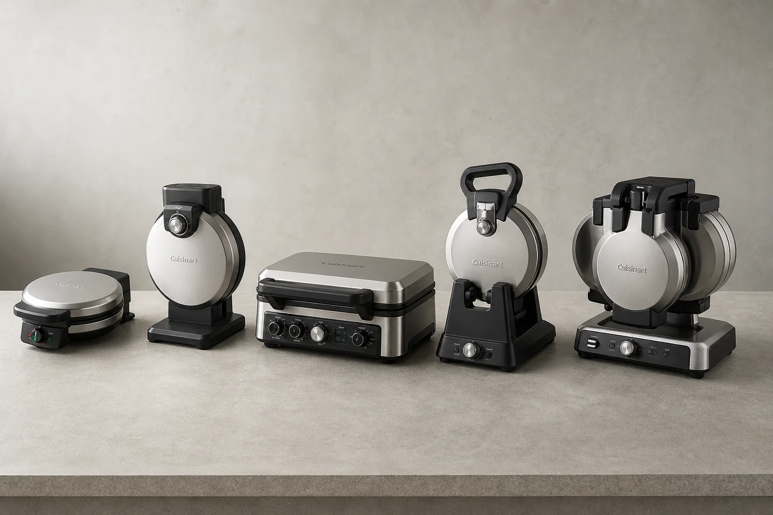 Five Cuisinart waffle makers arranged on concrete surface from budget to premium models