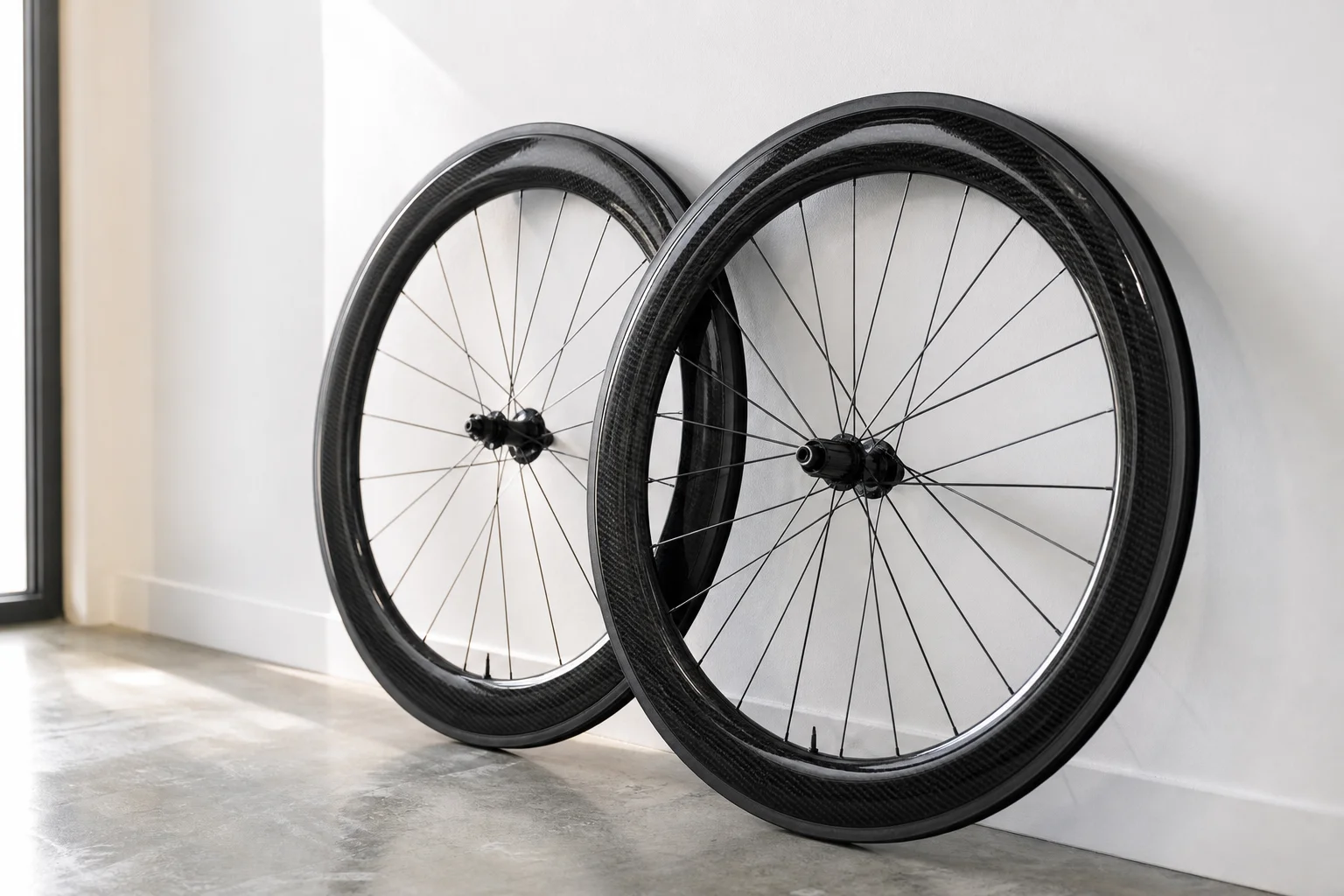Carbon road bike wheelsets leaning against a wall, showcasing rim depth and glossy finish