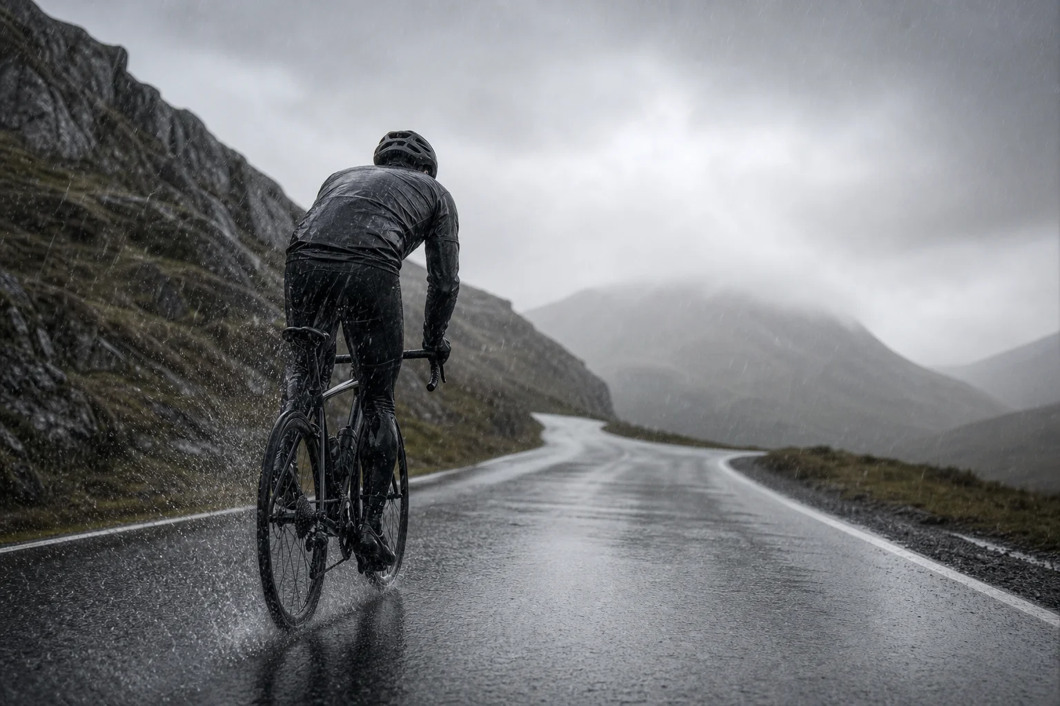 Cyclist riding in heavy rain on wet road with water spray