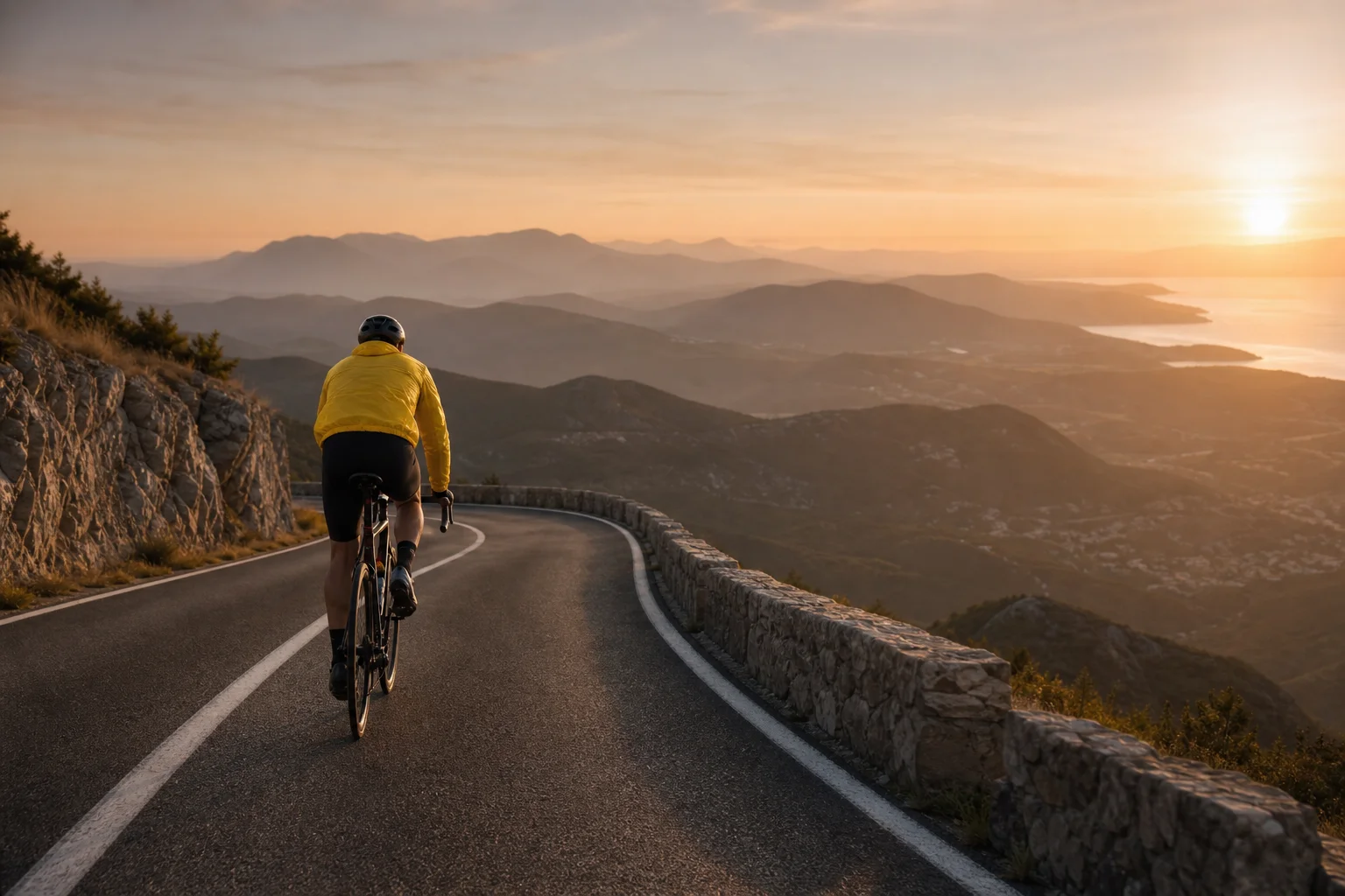 Cyclist in bright yellow rain jacket on mountain road at dusk