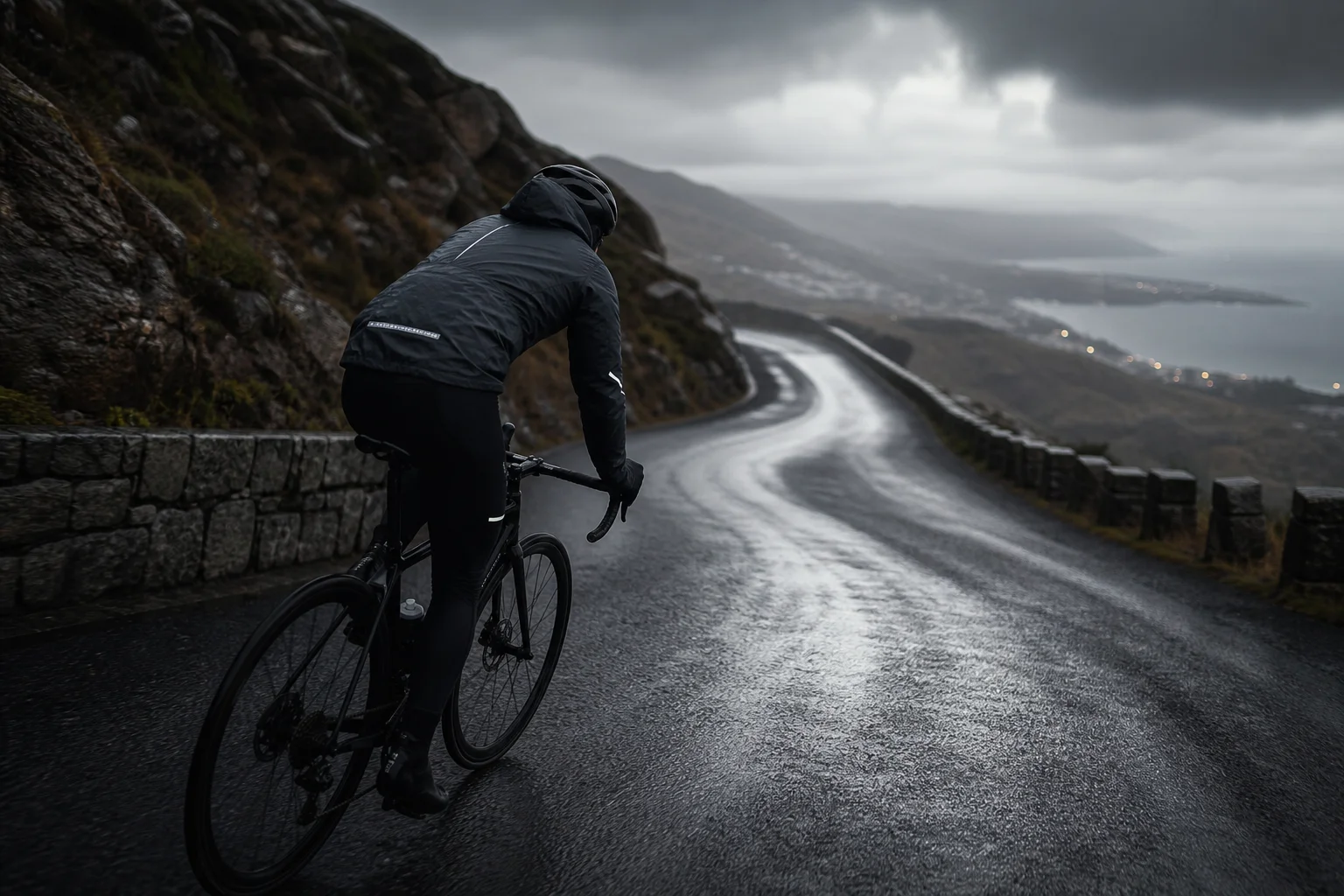 Cyclist in premium rain jacket descending wet road in low light