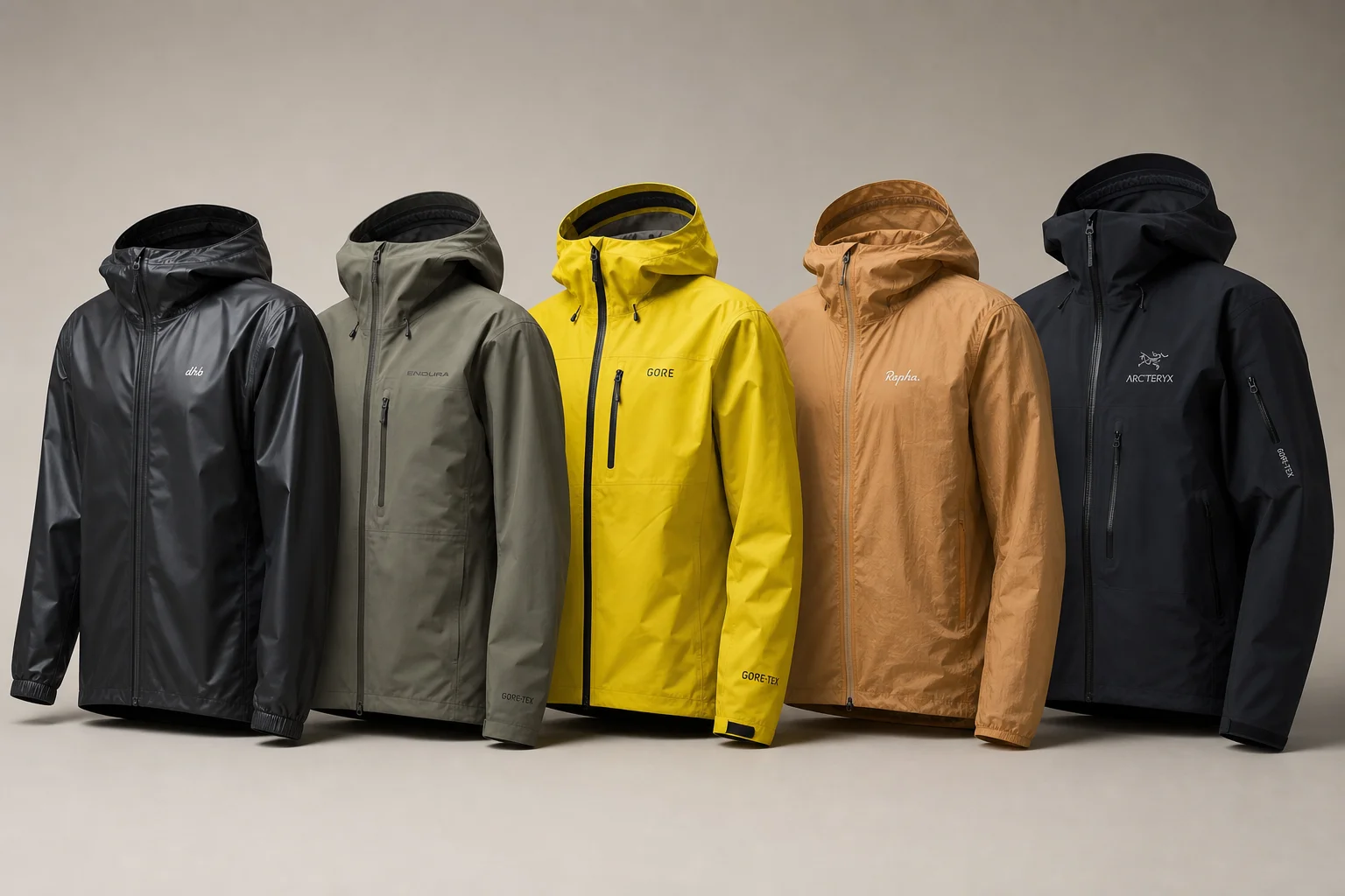 Five cycling rain jackets in various colors arranged on neutral backdrop