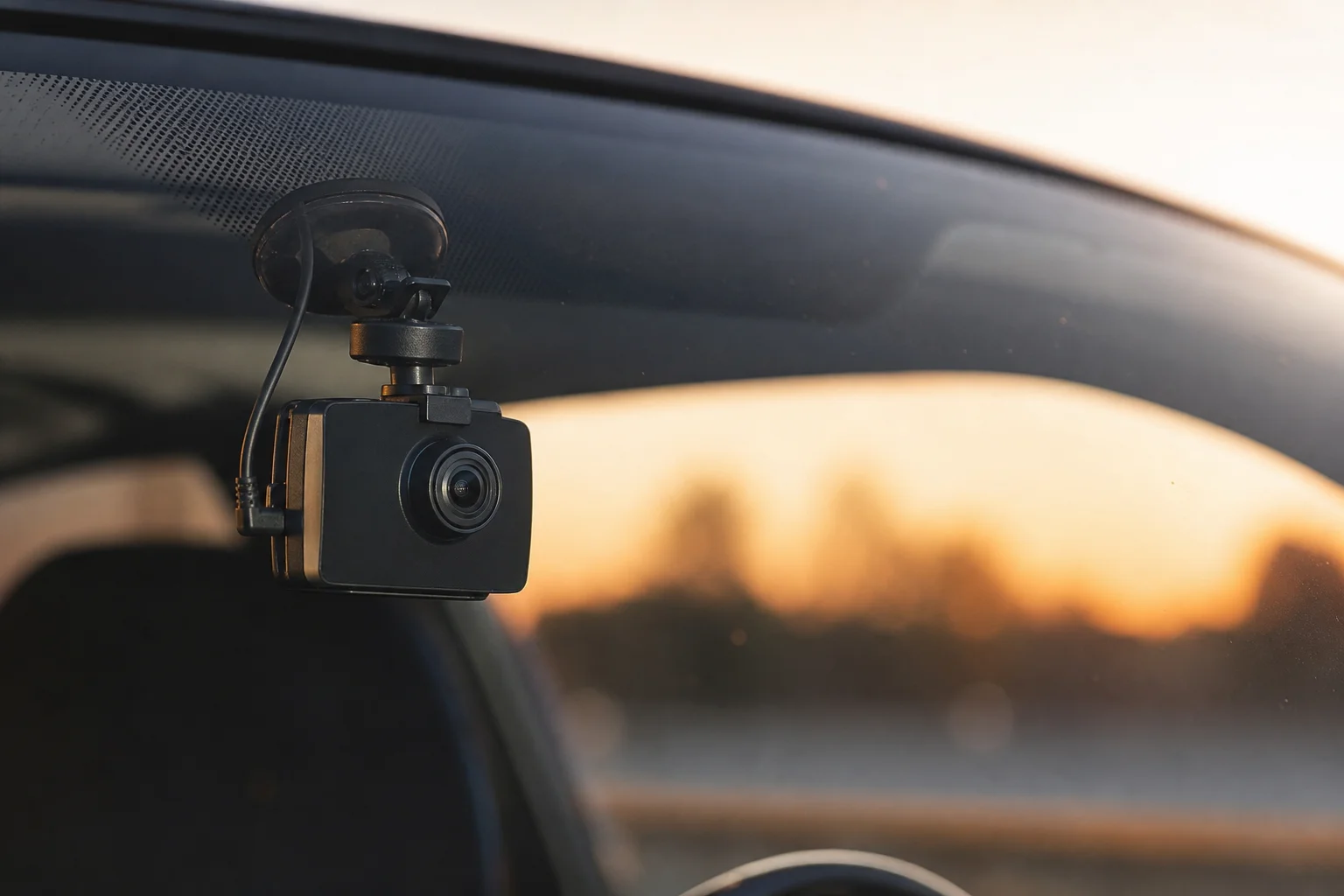 Dash camera mounted on windshield during dusk lighting