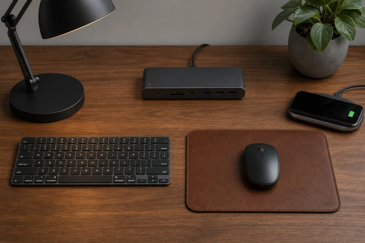 Desk accessories including mouse pad, keyboard, external dock, and desk lamp