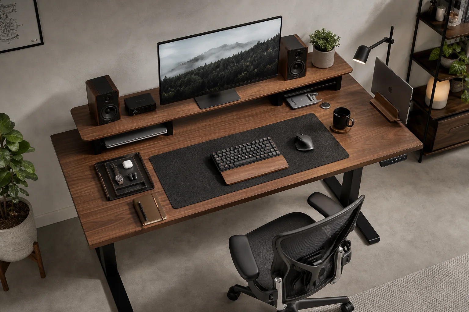 Complete modern desk setup with walnut desk, monitor, chair, speakers, and accessories