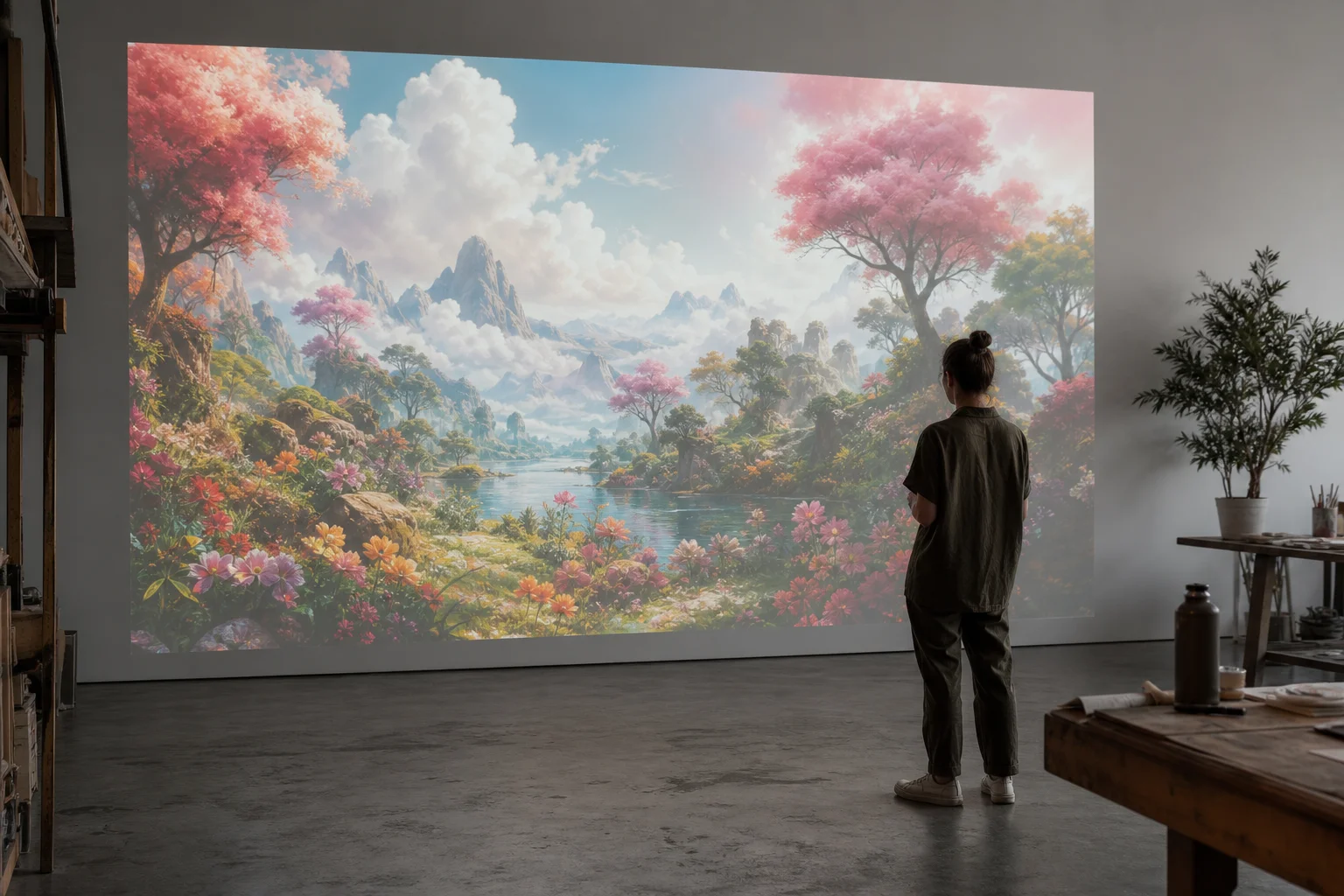 工作室牆面上投射出大型且細節豐富的 4K 藝術作品，藝術家正在觀看