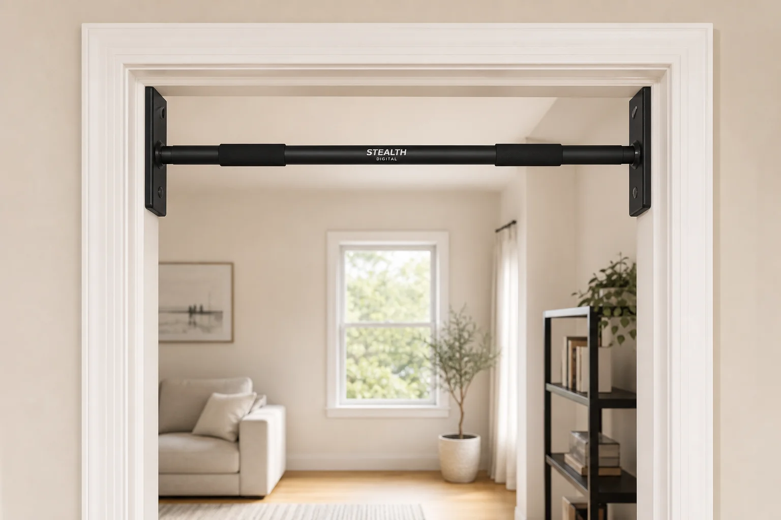 Door frame pull-up bar mounted in a residential doorway