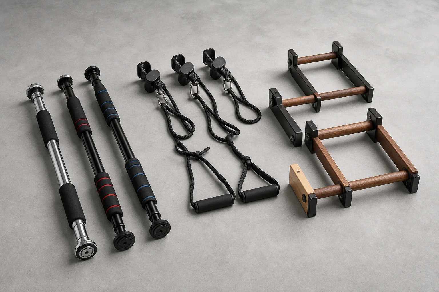 Ten doorway pull-up bars arranged in three categories on a grey surface