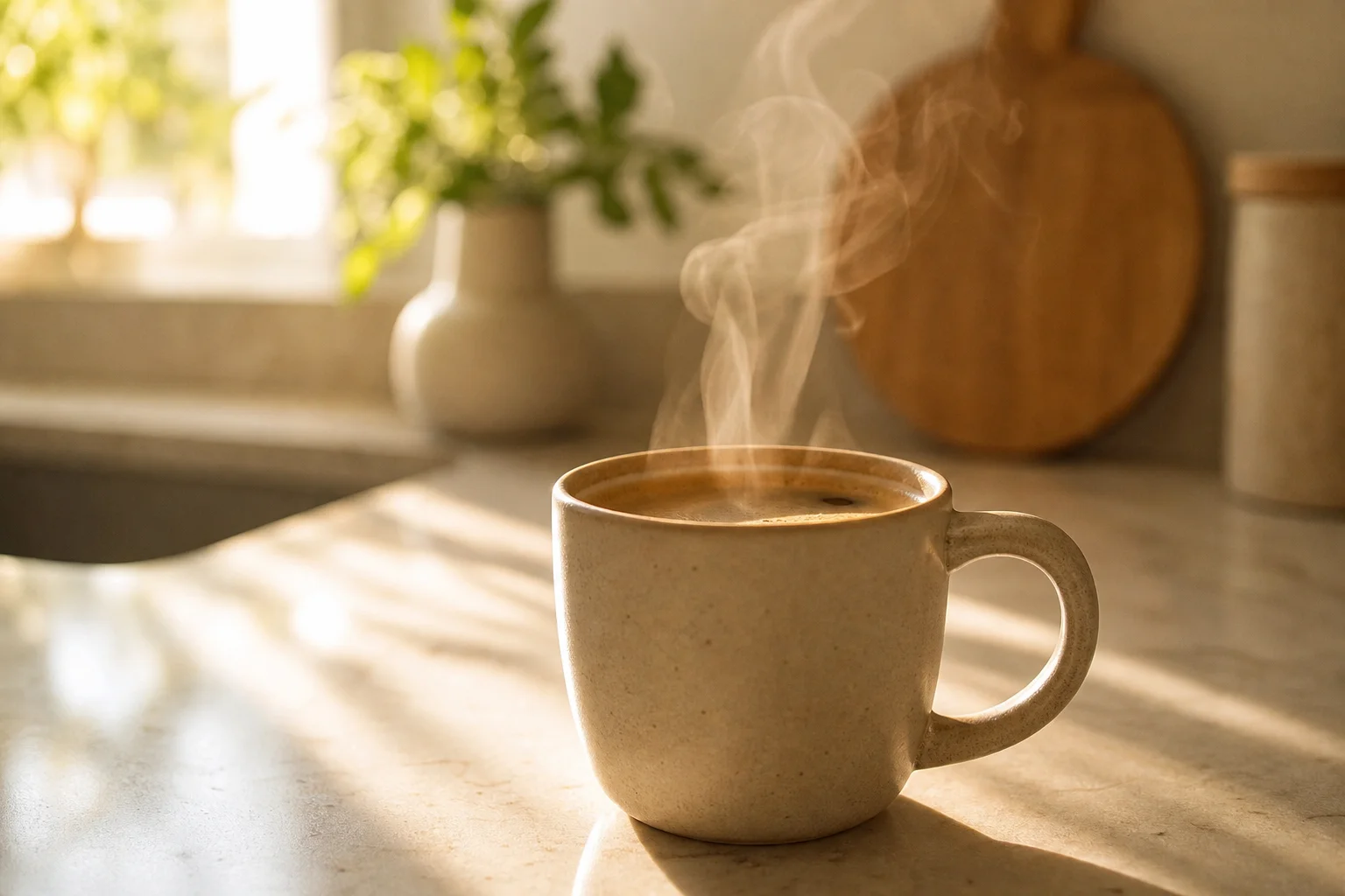 Morning kitchen counter with steaming coffee cup and sunrise light