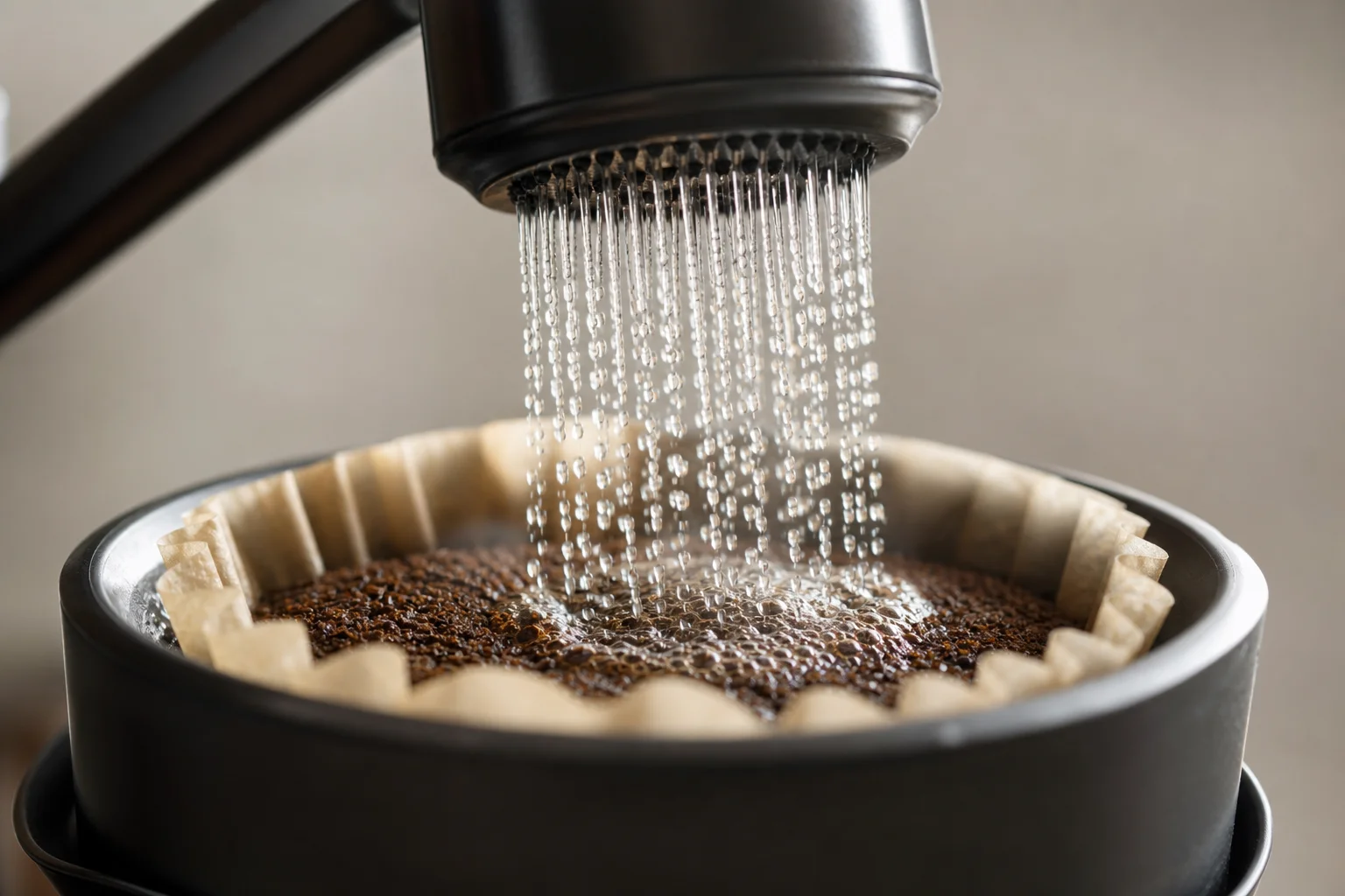 Coffee brewing in progress with water cascading over grounds in filter basket